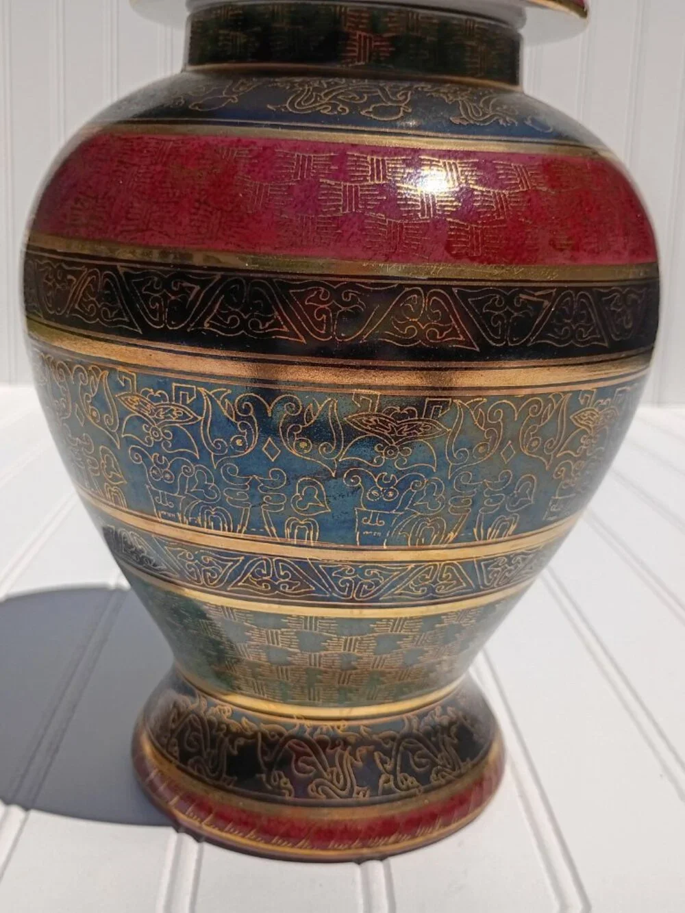 Vintage Andrea by Sadek Porcelain Ginger Jar Lidded Vase Maroon Stripe Gold Gilt